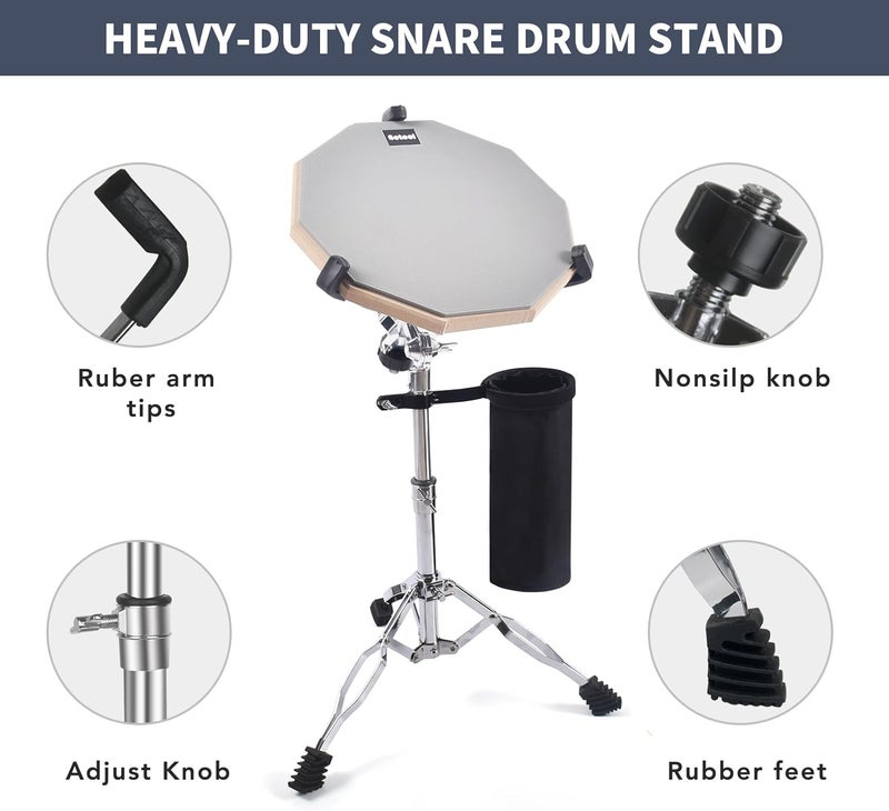 Seteol Drum Practice Pad Set, 12 Inch Double Sided Silent Drum Pad with Storage Bag + Adjustable Snare Drum Stand with Carry Bag + 2 Pair Drum Sticks with Drumstick Holder, Fits 10"-14" Drums (Grey) - Image 5